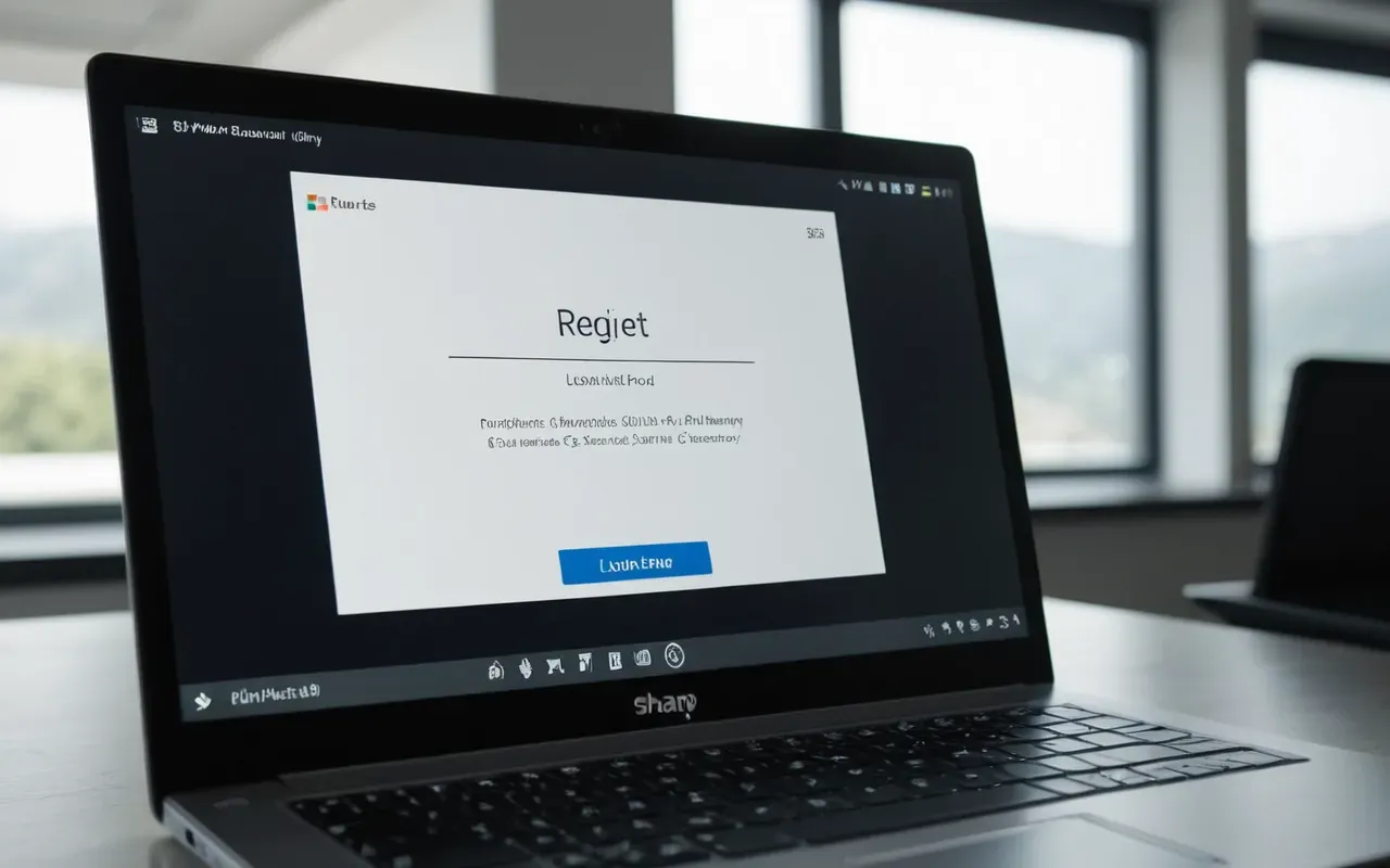 Close-up of a modern laptop screen showing clean interface elements with soft natural light reflecting off the glass surface in a minimalist office setting