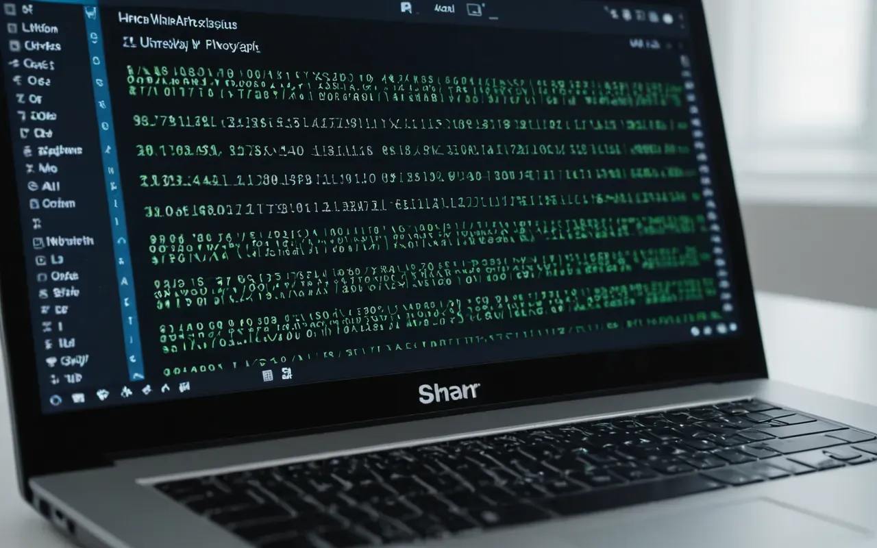 Close-up of a modern laptop screen showing abstract code lines in dark mode with blue and green syntax highlighting on a clean white desk surface under soft studio lighting.