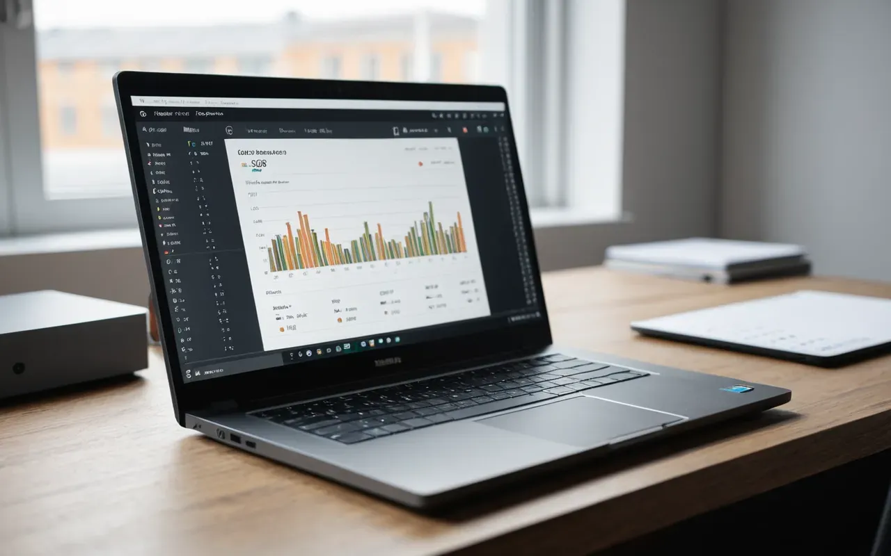 Close-up of a modern office desk with an open laptop showing abstract data visualization charts, soft natural light from a window, clean minimalist workspace aesthetic