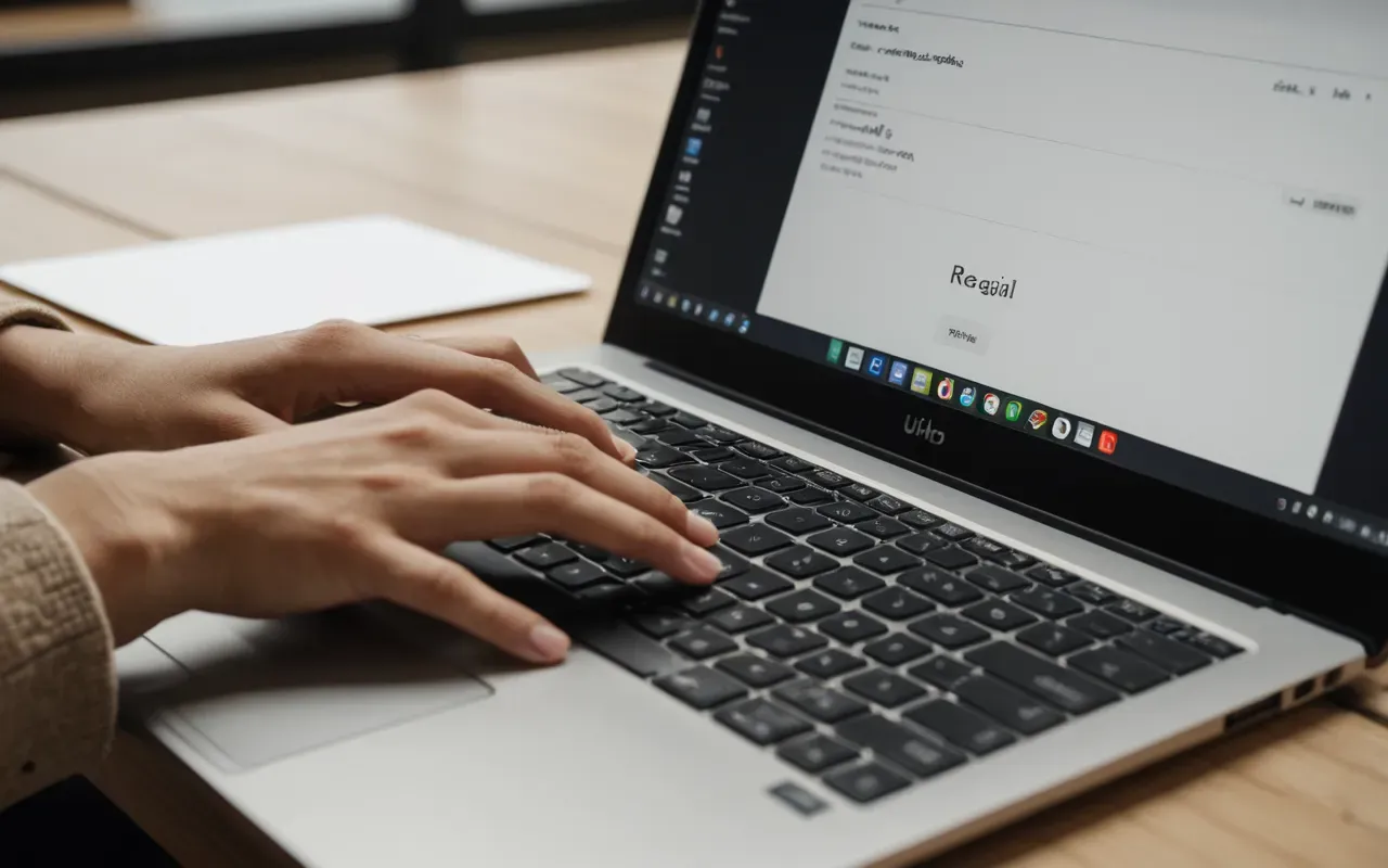 Close-up of a person's hands typing on a laptop keyboard in a modern co-working space with neutral beige tones and soft ambient lighting, shallow depth of field focusing on the keys.