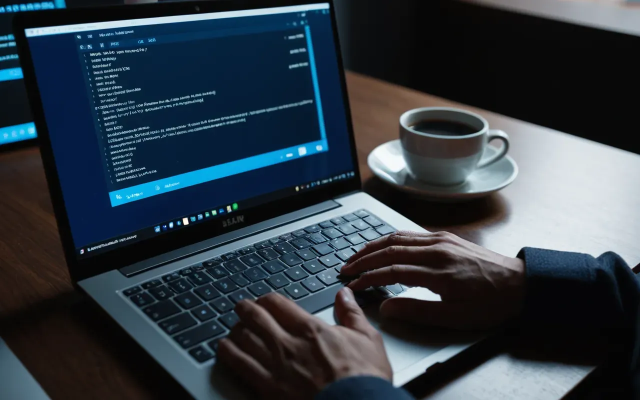 Close up of hands typing on a laptop keyboard in a dimly lit room. The screen glows with blue light reflecting off the desk surface and nearby coffee mug.