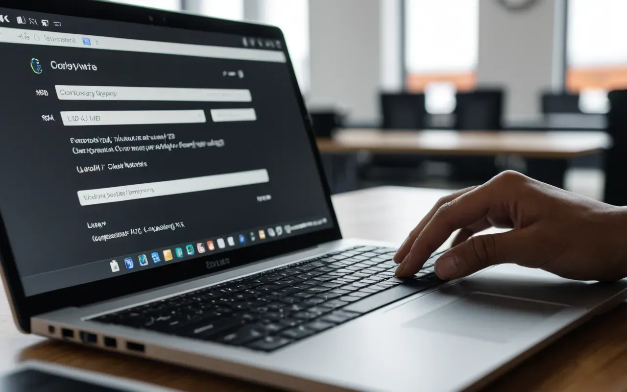 Close up of hands typing on a laptop keyboard in a bright modern workspace with blurred background elements and soft focus lighting