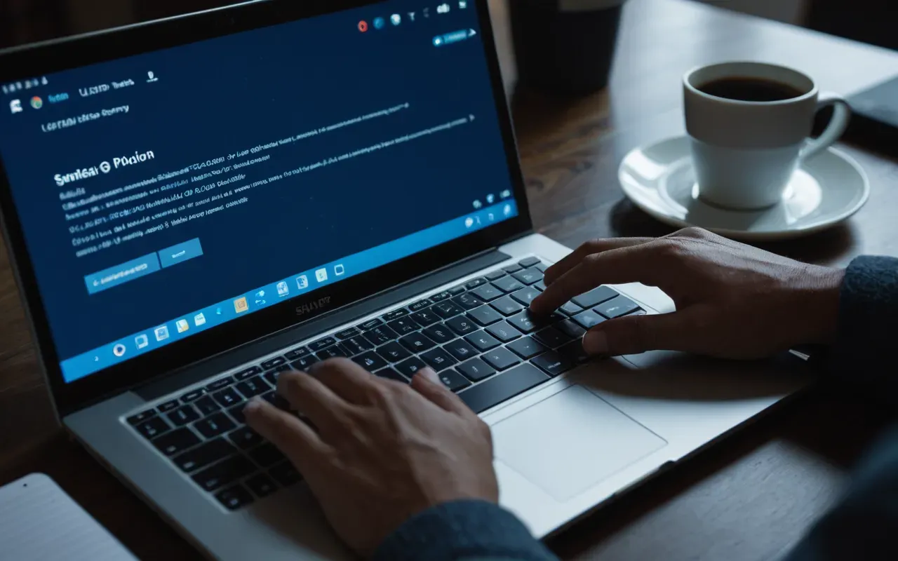 Close up of hands typing on a laptop keyboard in a dimly lit room. The screen glows with blue light reflecting off the desk surface and nearby coffee mug.