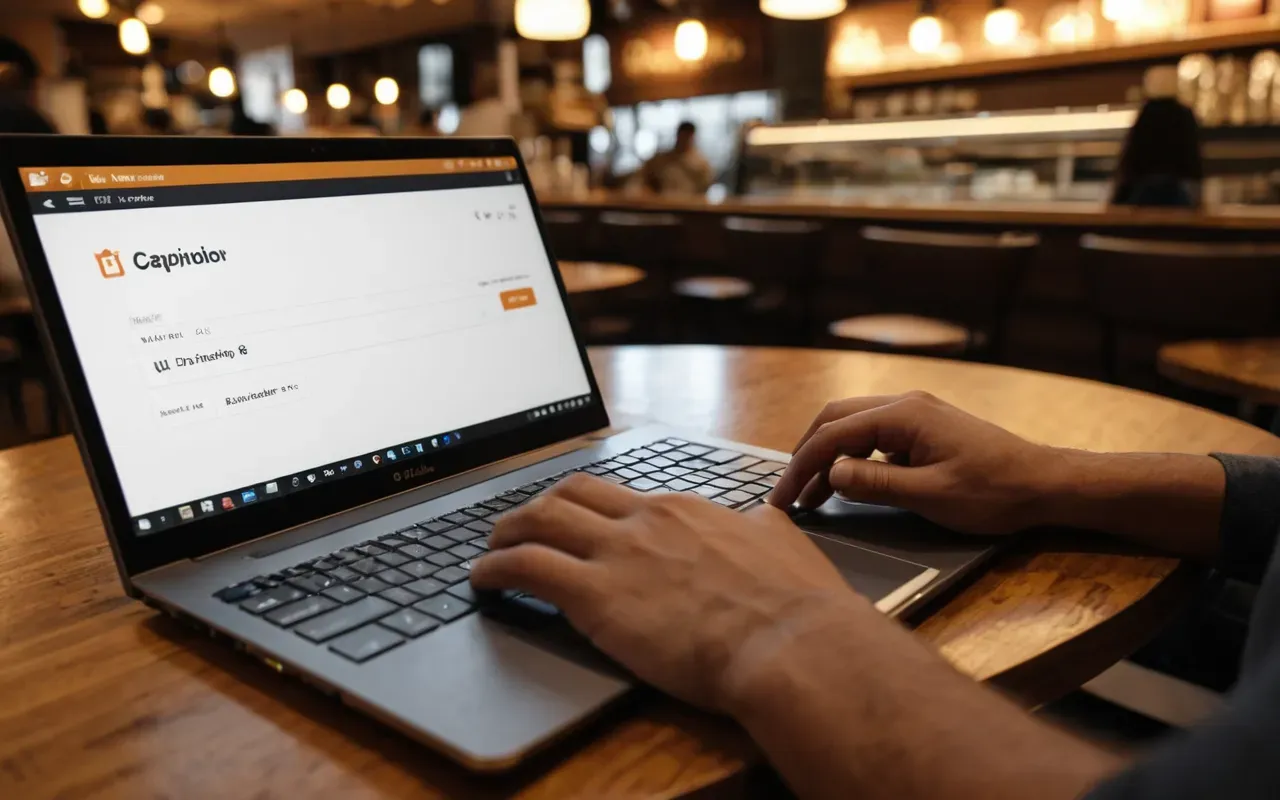 Close-up of hands typing on a laptop keyboard in a modern cafe setting with blurred background and warm lighting