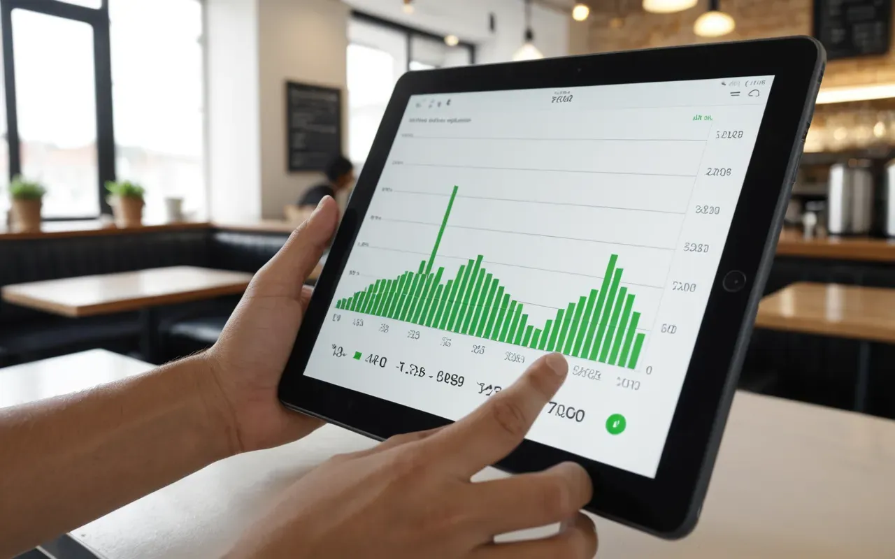 digital marketing analytics and growth graphs Close-up shot of a hand holding a tablet displaying a graph with rising green lines on a clean white background in a modern cafe setting.