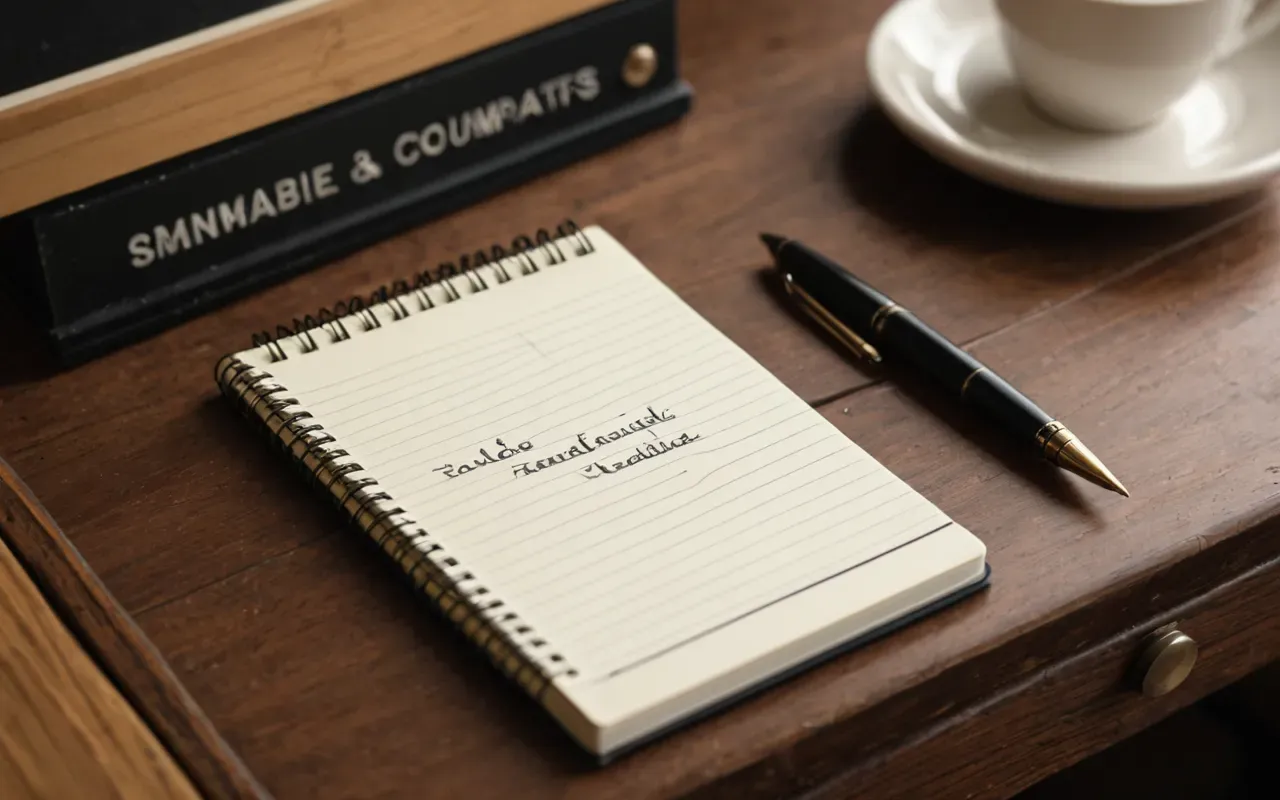 Editorial still life of a notebook and pen on a wooden desk with soft diffused lighting and neutral tones