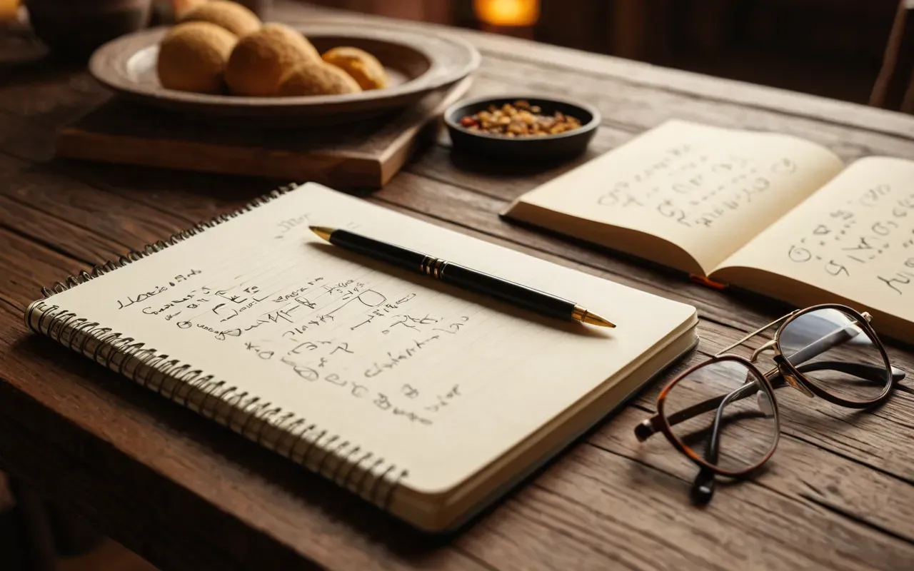 Editorial still life of a notebook filled with handwritten notes and diagrams next to a pair of glasses on a wooden table, warm ambient lighting, cozy atmosphere