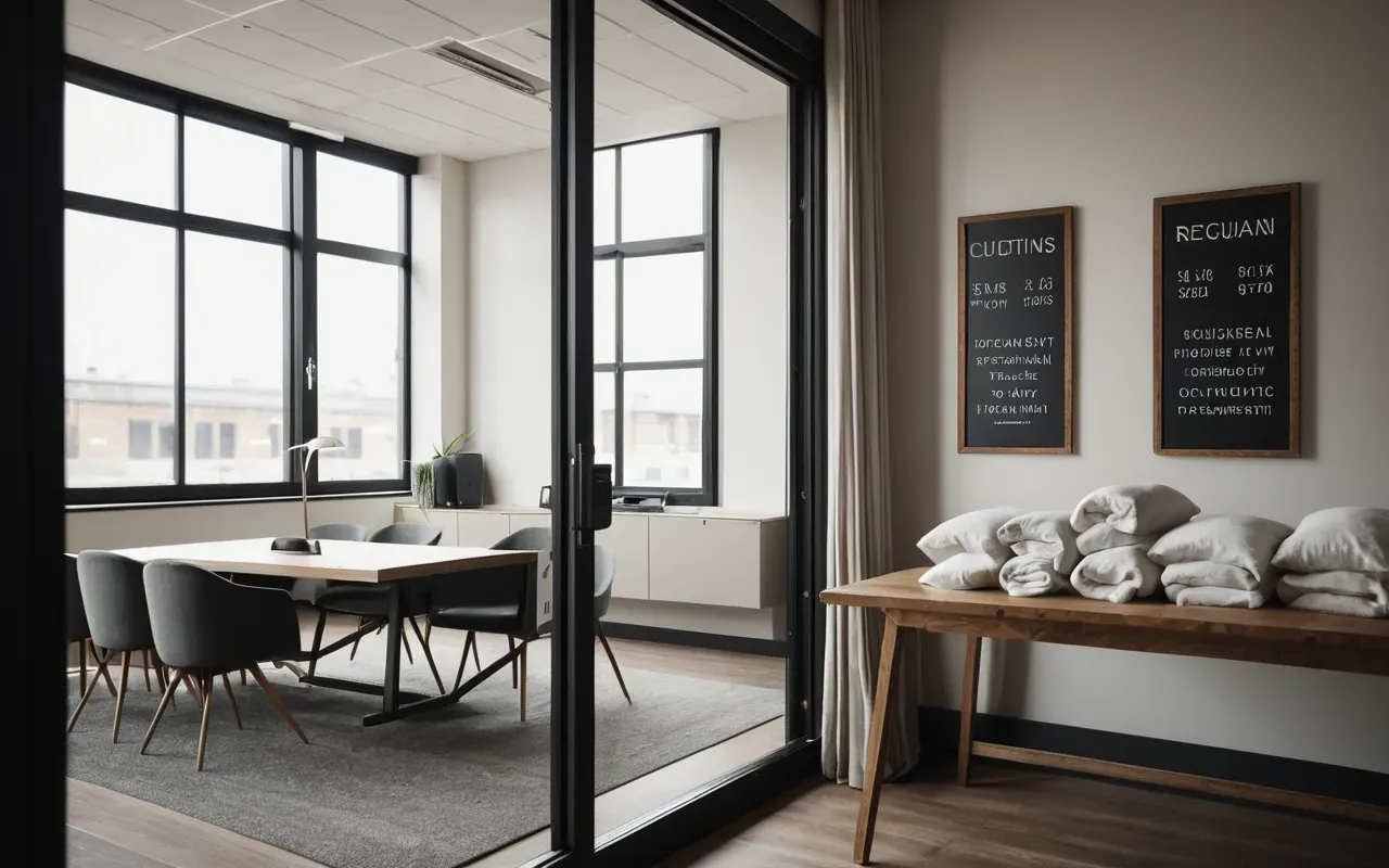 Interior of a modern boutique office with neutral linens and large windows letting in soft morning light creating a calm professional atmosphere