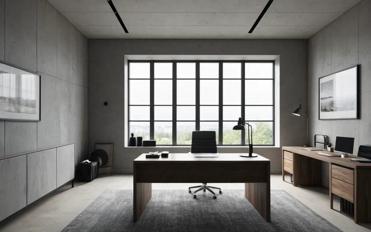 Interior of a modern minimalist home office with a large desk facing floor-to-ceiling windows showing soft diffused daylight and neutral gray walls.