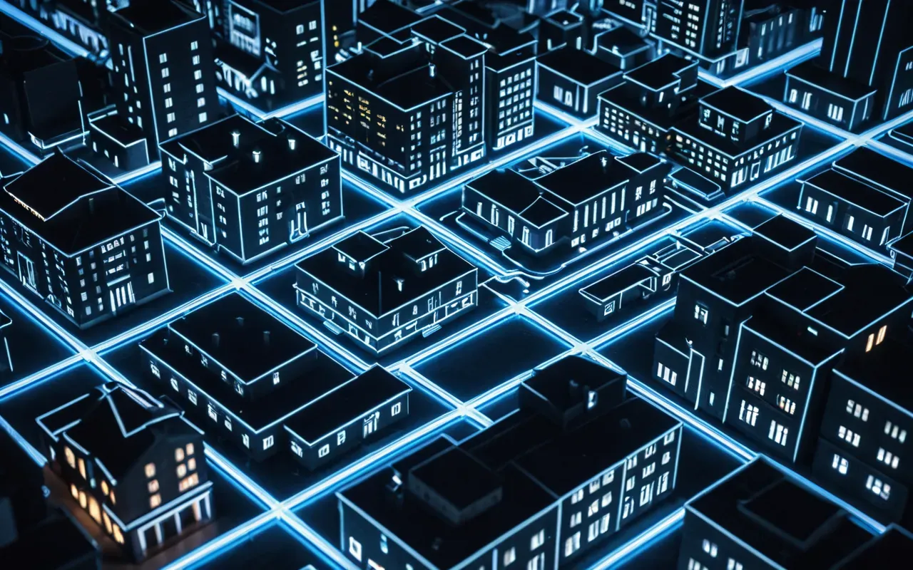 Isometric illustration style photo of a modern city block with interconnected buildings and pathways represented by glowing blue lines under soft ambient lighting on a white background.