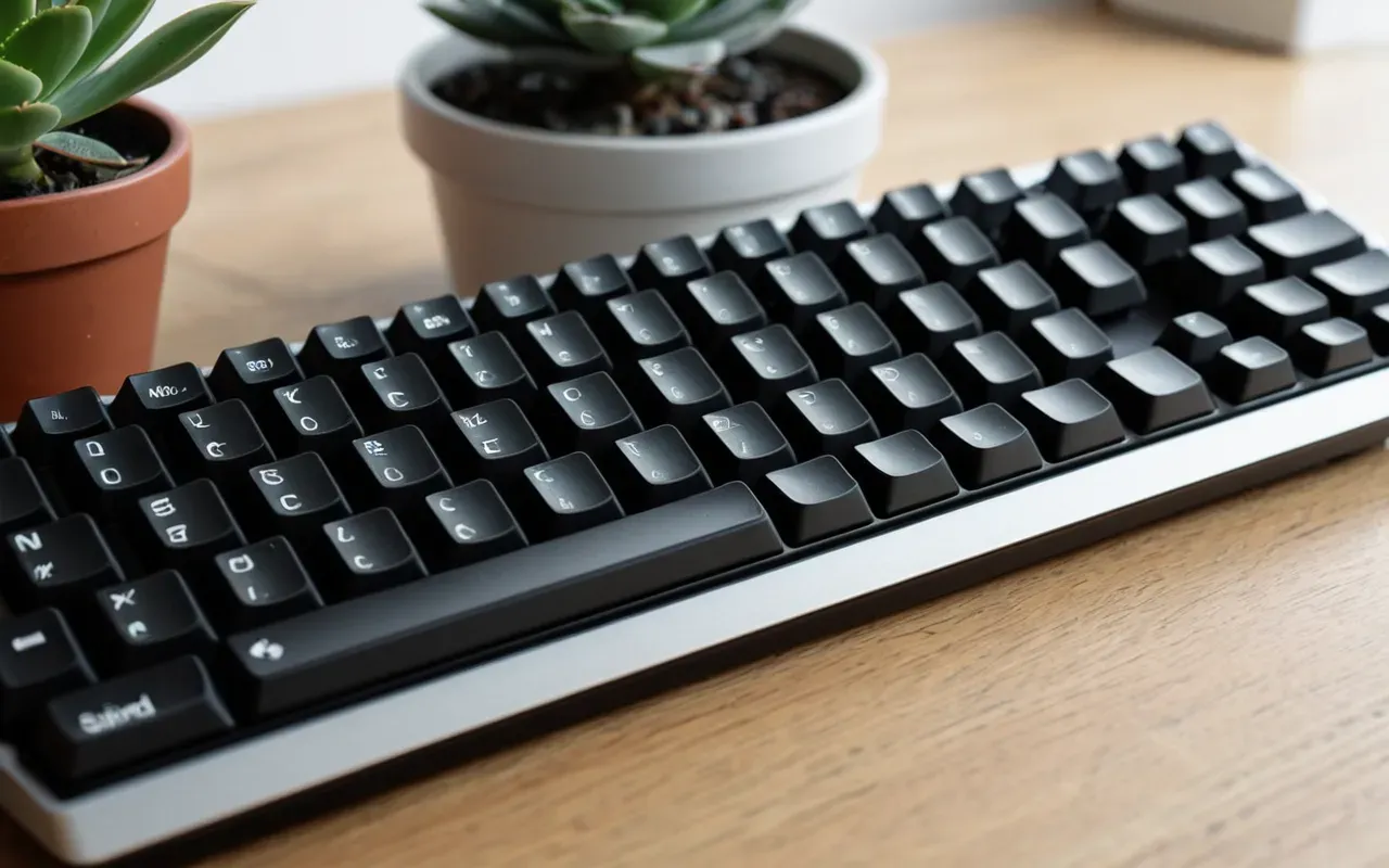 keyboard workspace detail Macro shot of a modern mechanical keyboard with white keycaps resting on a light wood surface next to a small potted succulent plant in soft daylight