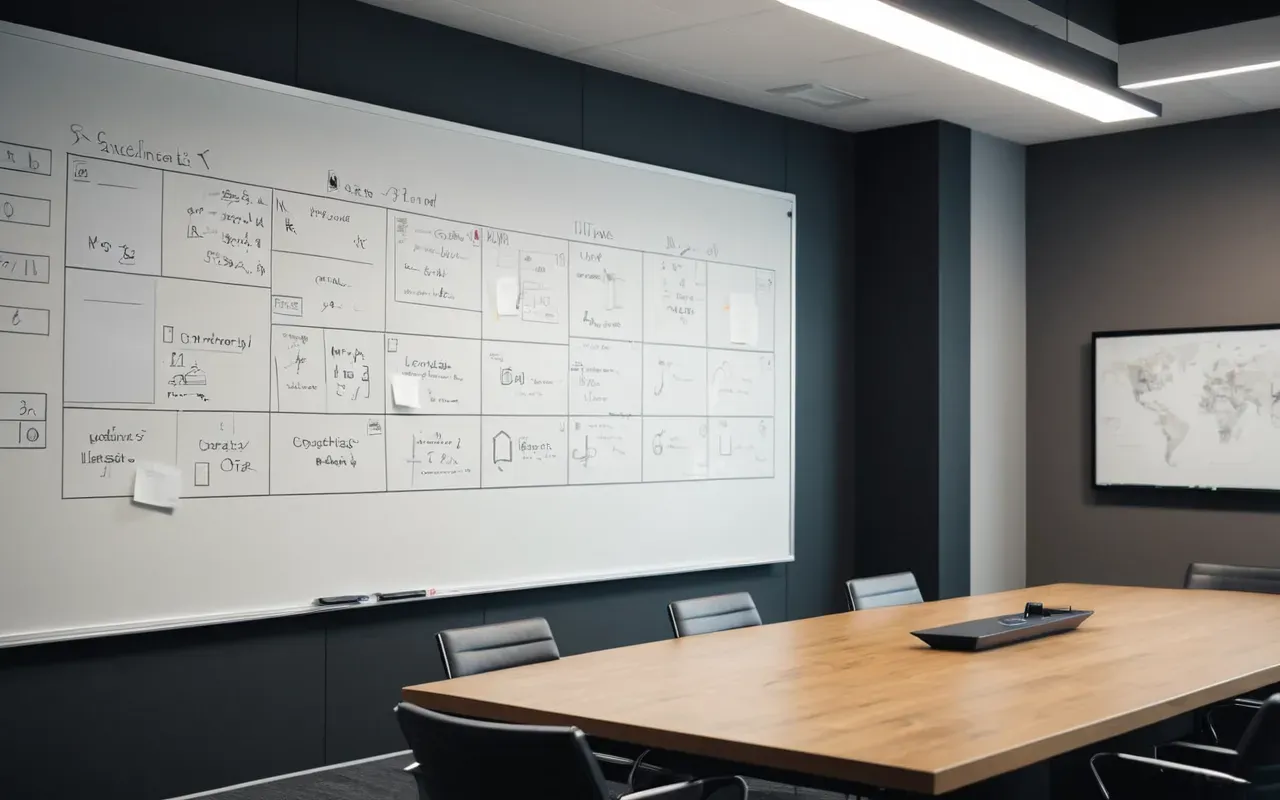 Modern conference room with a large whiteboard covered in abstract strategic diagrams and sticky notes, professional lighting setup, contemporary office interior design