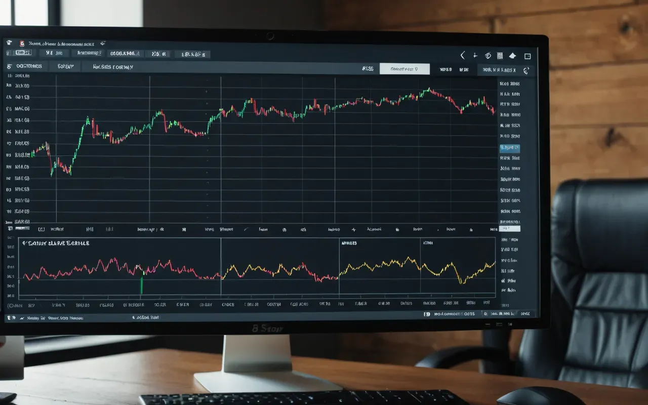 Modern dashboard interface displayed on a large computer monitor showing abstract performance metrics and trend lines, clean workspace setup with ergonomic chair visible, professional office environment