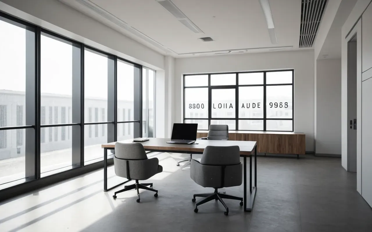 Modern minimalist office interior with a desk and chair in the center, large windows letting in bright daylight, neutral color palette of white and grey, clean lines and simple furniture.