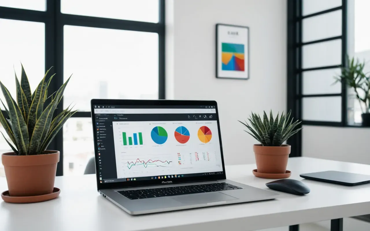 Modern minimalist office interior with glass walls and potted plants, a laptop open on a white desk showing abstract colorful charts, soft natural daylight from large windows