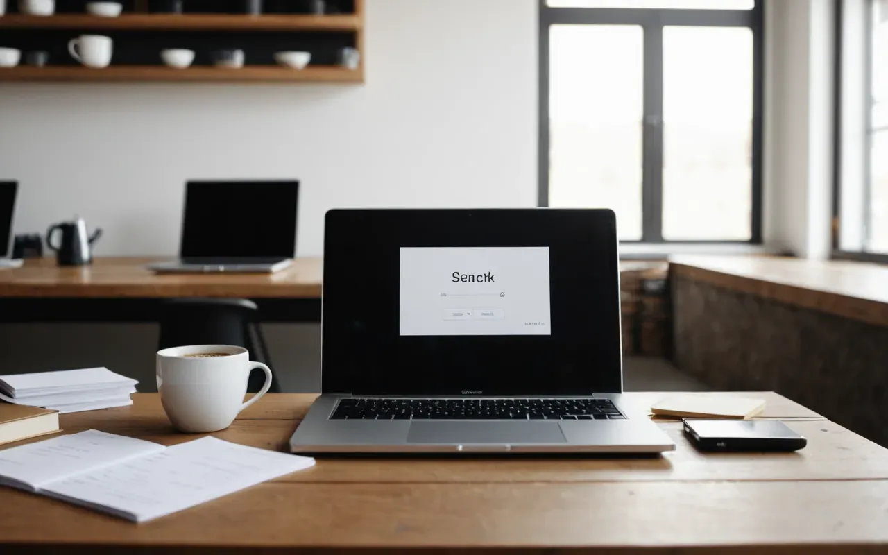 Modern minimalist workspace with an open laptop showing a blank white screen next to a stack of printed notes and a ceramic coffee cup on a light wood desk under bright overhead lighting.