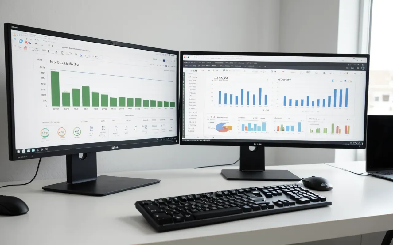 Modern workspace with two computer monitors showing side-by-side comparison data graphs, keyboard and mouse in foreground, clean white desk setup, bright even lighting