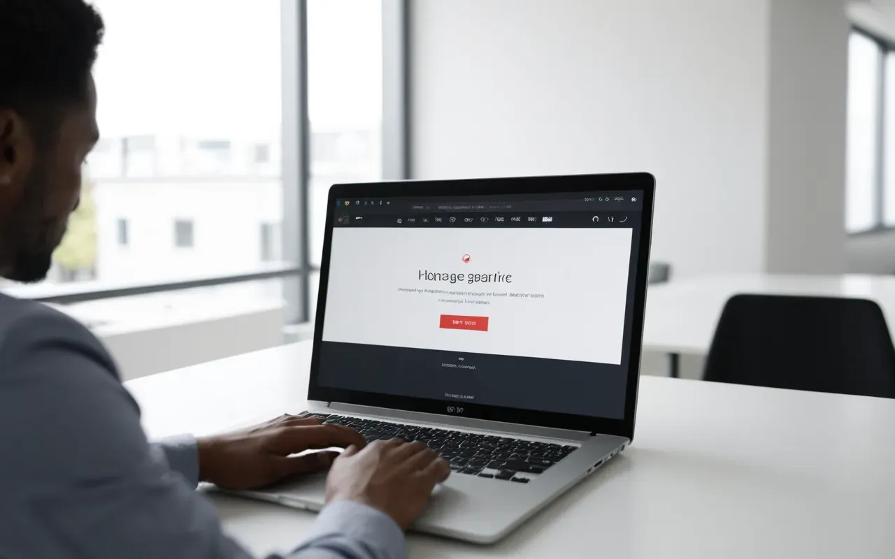 Over-the-shoulder view of a person using a laptop in a modern minimalist office with natural light and clean white surfaces
