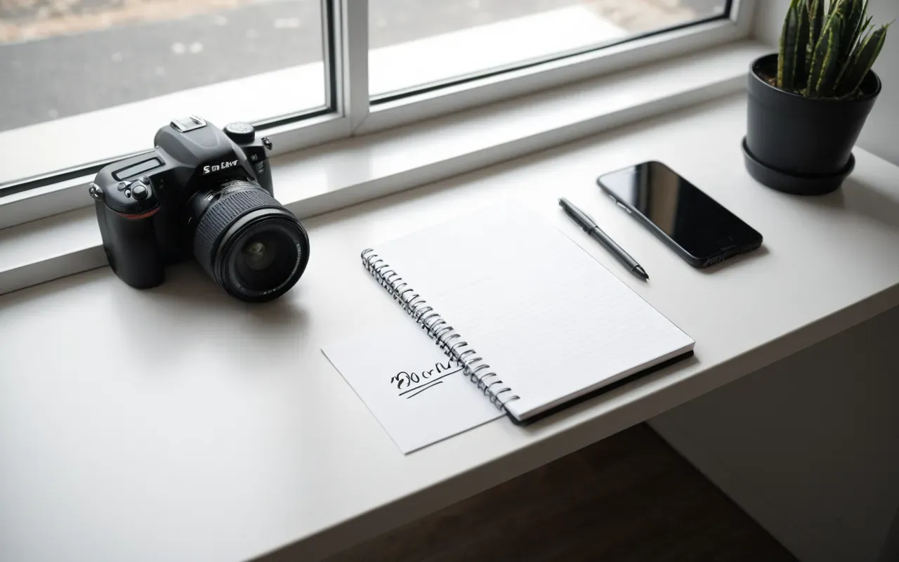 notebook planning session Overhead shot of a clean white desk with a notebook filled with handwritten notes and a modern smartphone resting beside it under soft natural window light