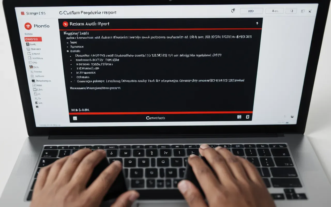 Overhead shot of a laptop screen showing a website audit report with red warning icons highlighted against a clean white background, hand holding the trackpad.