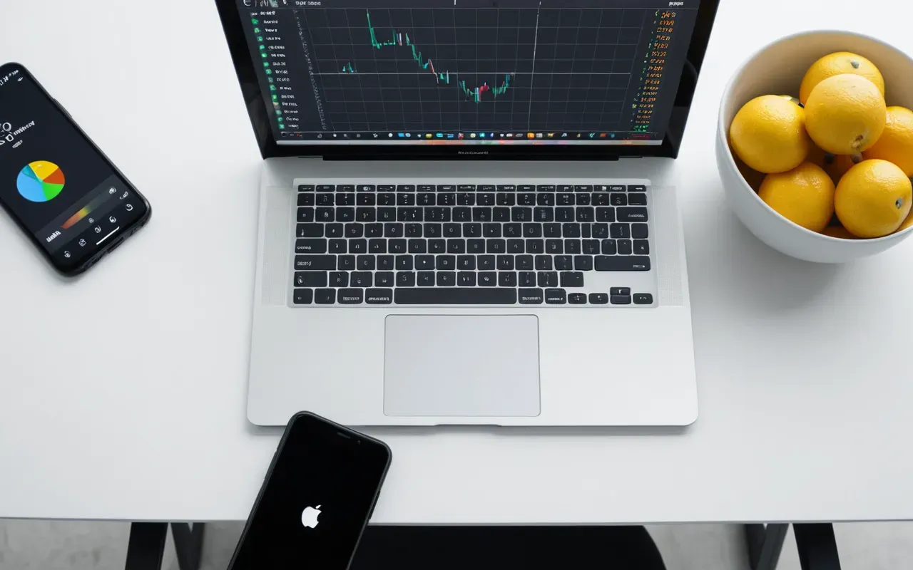 Overhead shot of a modern desk with a laptop displaying colorful data visualizations and a smartphone lying next to it, clean white surface, bright studio lighting