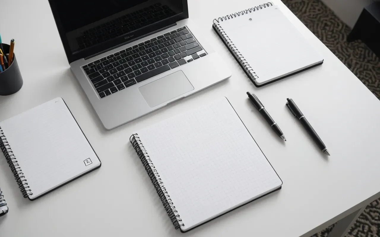 organized content planning workspace Overhead view of a clean white desk with neatly organized notebooks and pens arranged in a geometric pattern next to a closed silver laptop under soft diffused lighting.