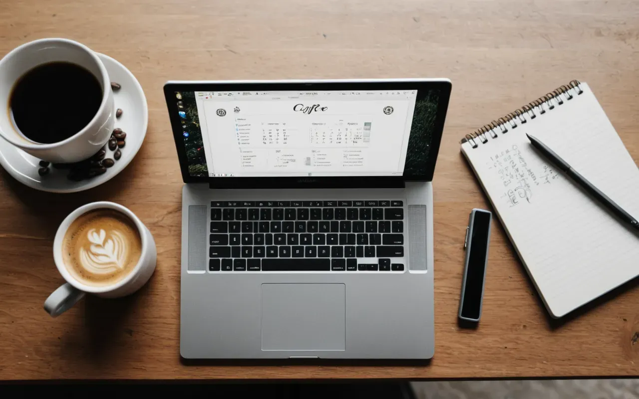 workspace organization Overhead view of a modern flat lay workspace featuring a laptop keyboard, a notebook with abstract sketches, and a ceramic coffee cup on a light wooden table, bright daylight casting soft shadows.