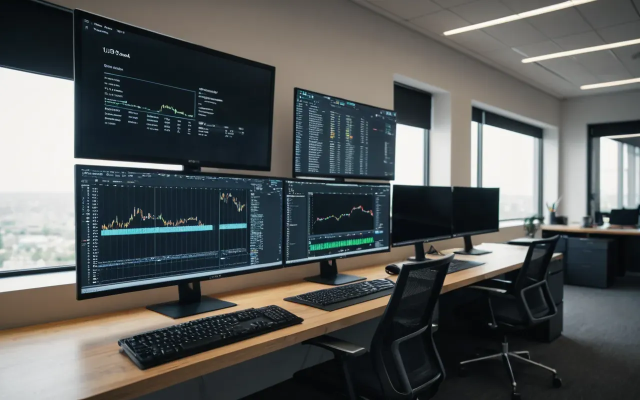 Overhead view of a modern office workspace with multiple monitors displaying abstract project management boards, organized desk setup with minimal accessories, bright daylight illumination