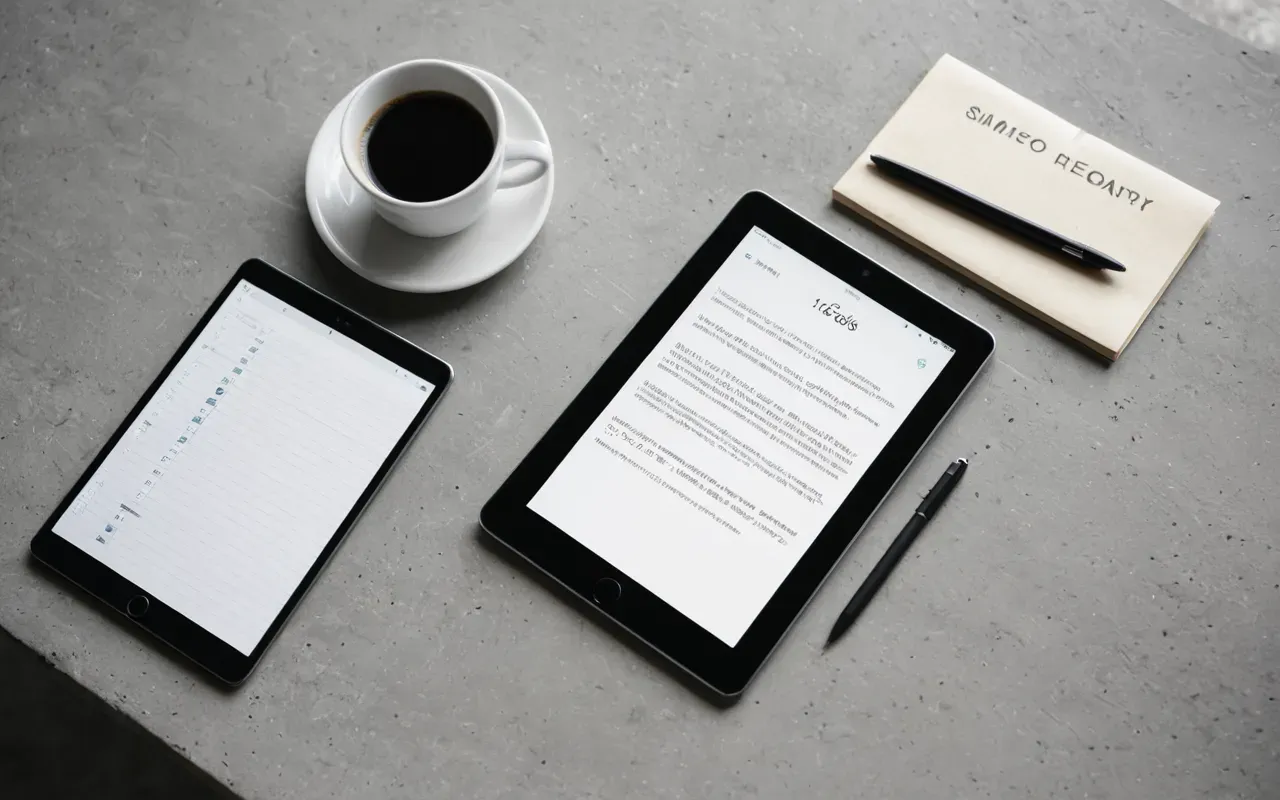 Overhead view of a modern tablet device lying flat on a light gray concrete surface next to a minimalist ceramic coffee cup and a folded paper notebook with blank pages.