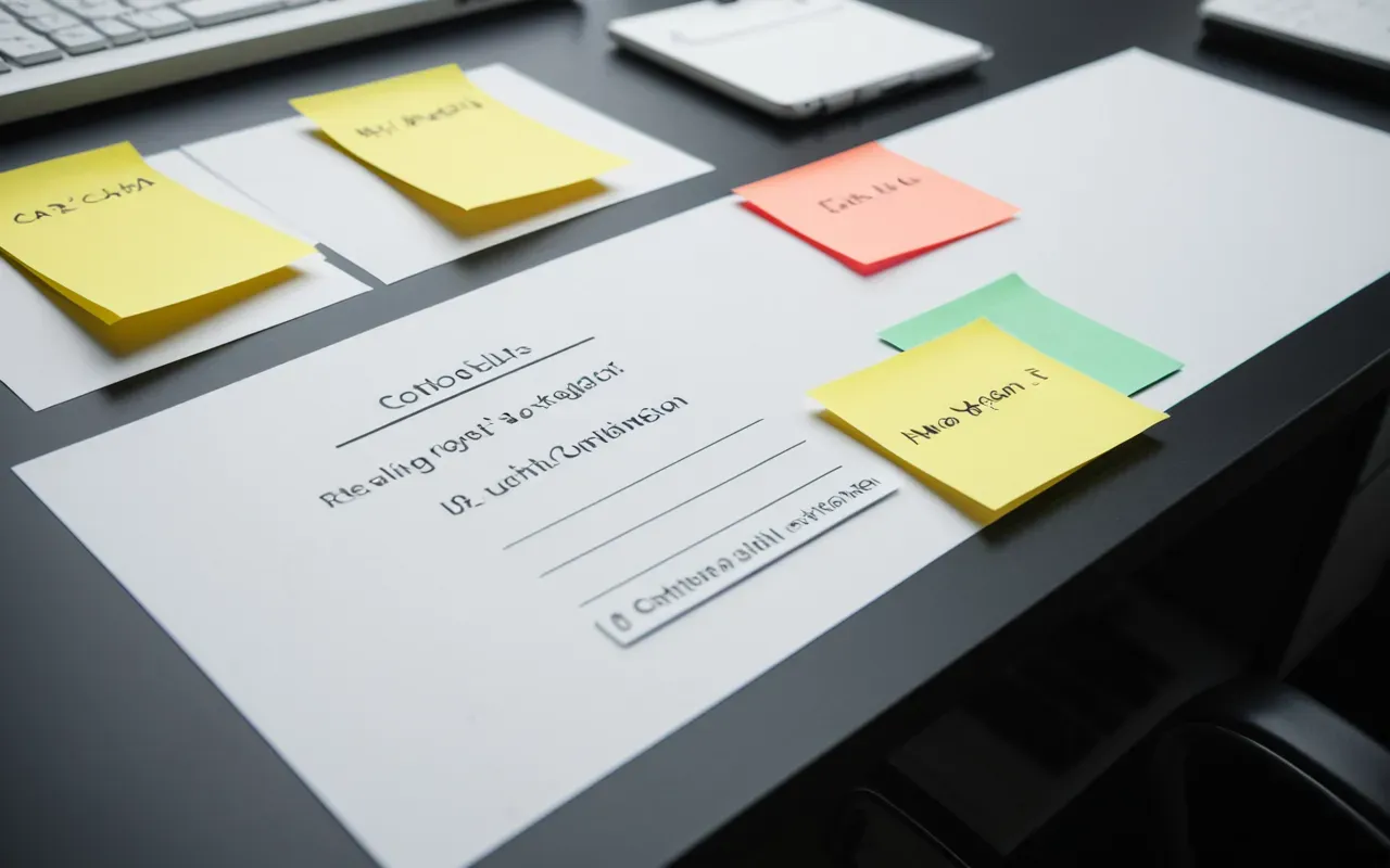 intent categorization Overhead view of a modern workspace with three distinct color-coded sticky notes on white paper, arranged in neat stacks under bright office lighting.