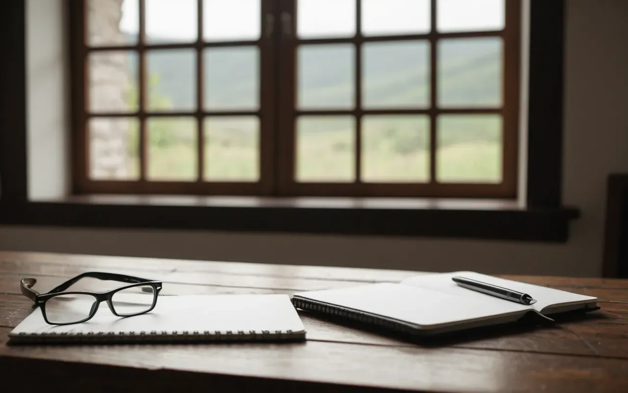 Side view of a smartphone lying on a wooden table next to a pair of reading glasses and a notebook with blank pages, soft natural light from a nearby window.
