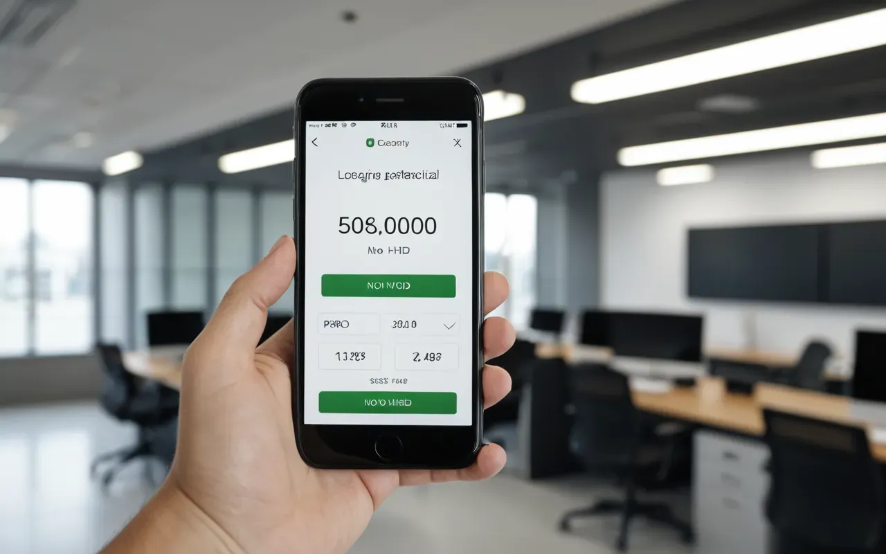 Smartphone held in hand displaying a loading progress bar on a clean white interface against a blurred modern office background with neutral tones and soft focus.