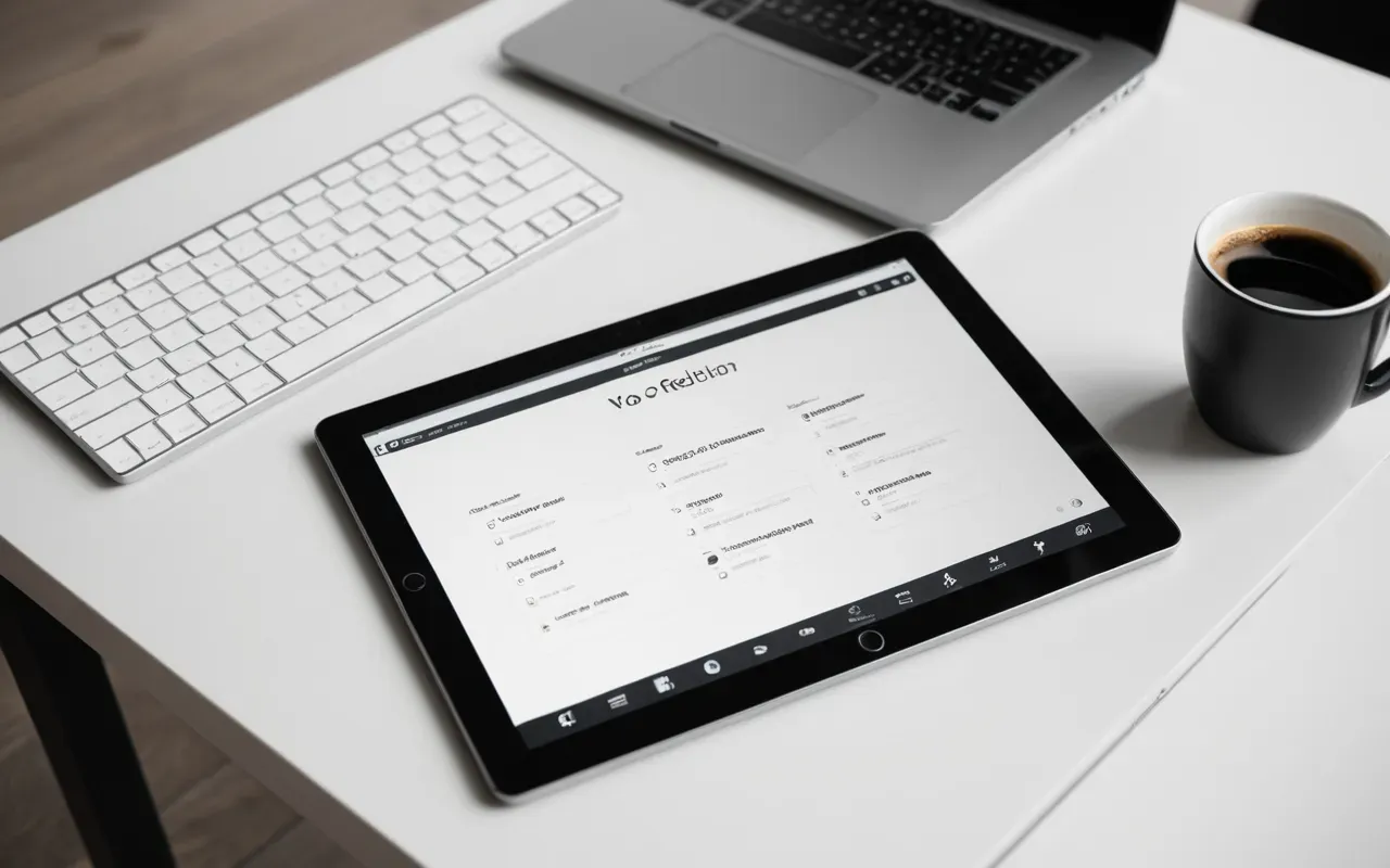 Top-down view of a modern desk with a tablet displaying a website wireframe diagram next to a coffee cup and notebook, clean white surface with soft natural light from the left.