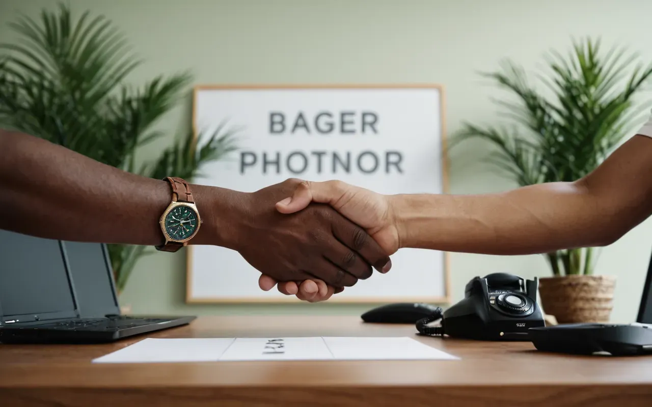 Two hands shaking over a desk in a modern office setting. The background is blurred with soft green plants and neutral wall colors.