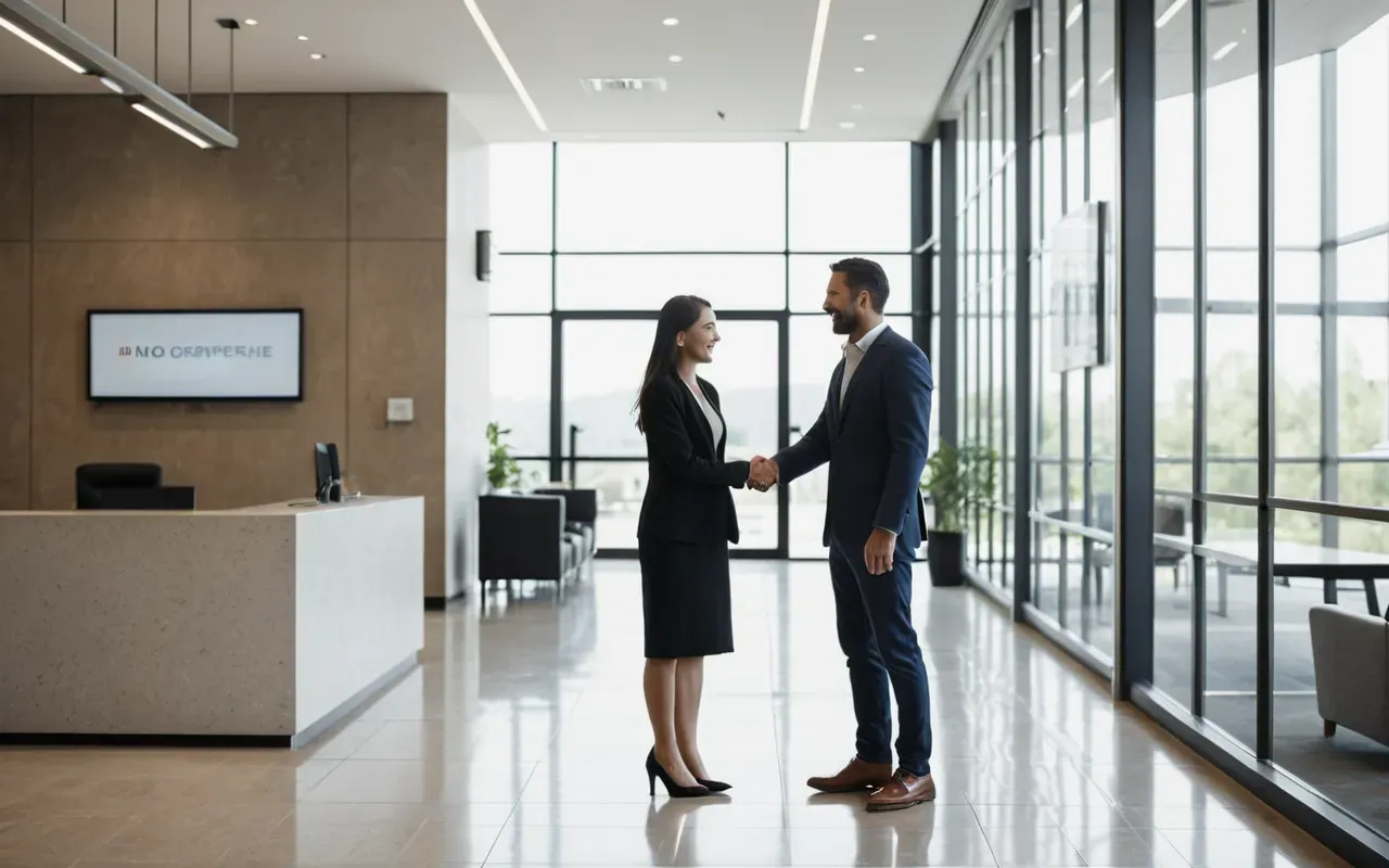professional networking scene Two people shaking hands in a bright modern office lobby with glass walls and neutral decor, natural light reflecting off the floor, candid photography style capturing genuine interaction without any signage or text.