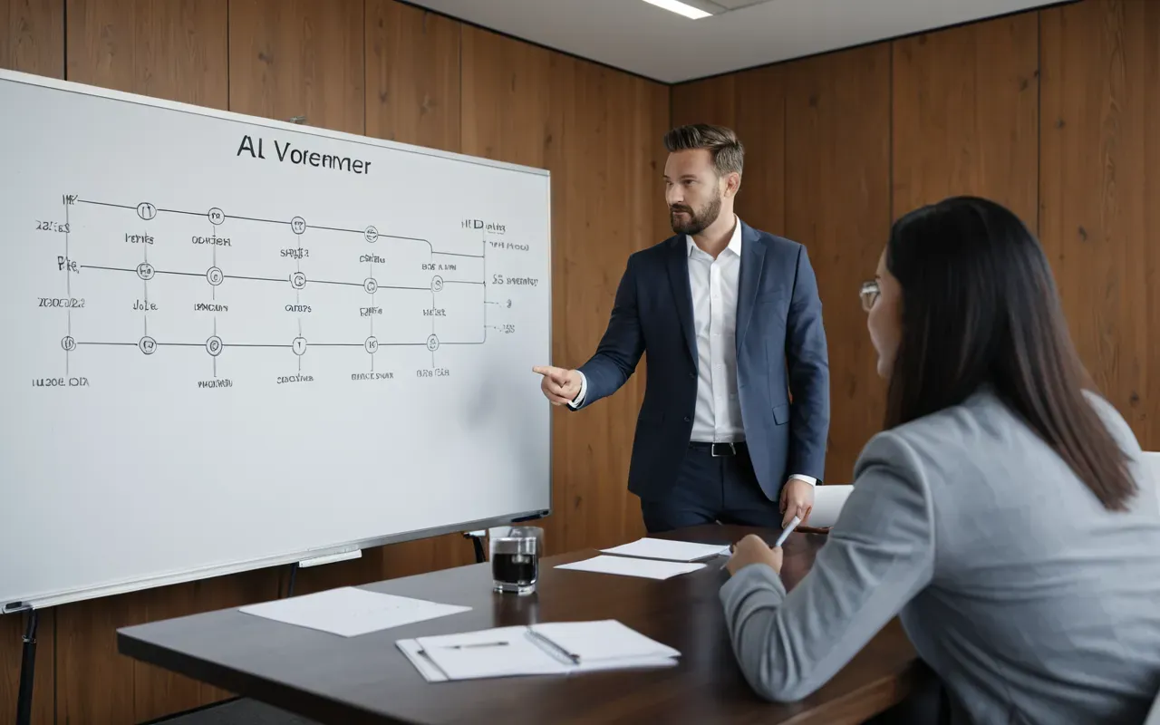 team collaboration strategy Two professionals collaborating in a modern meeting room. One person points to a whiteboard with abstract flowchart diagrams while the other takes notes on a tablet. Soft lighting and neutral colors create a focused atmosphere.