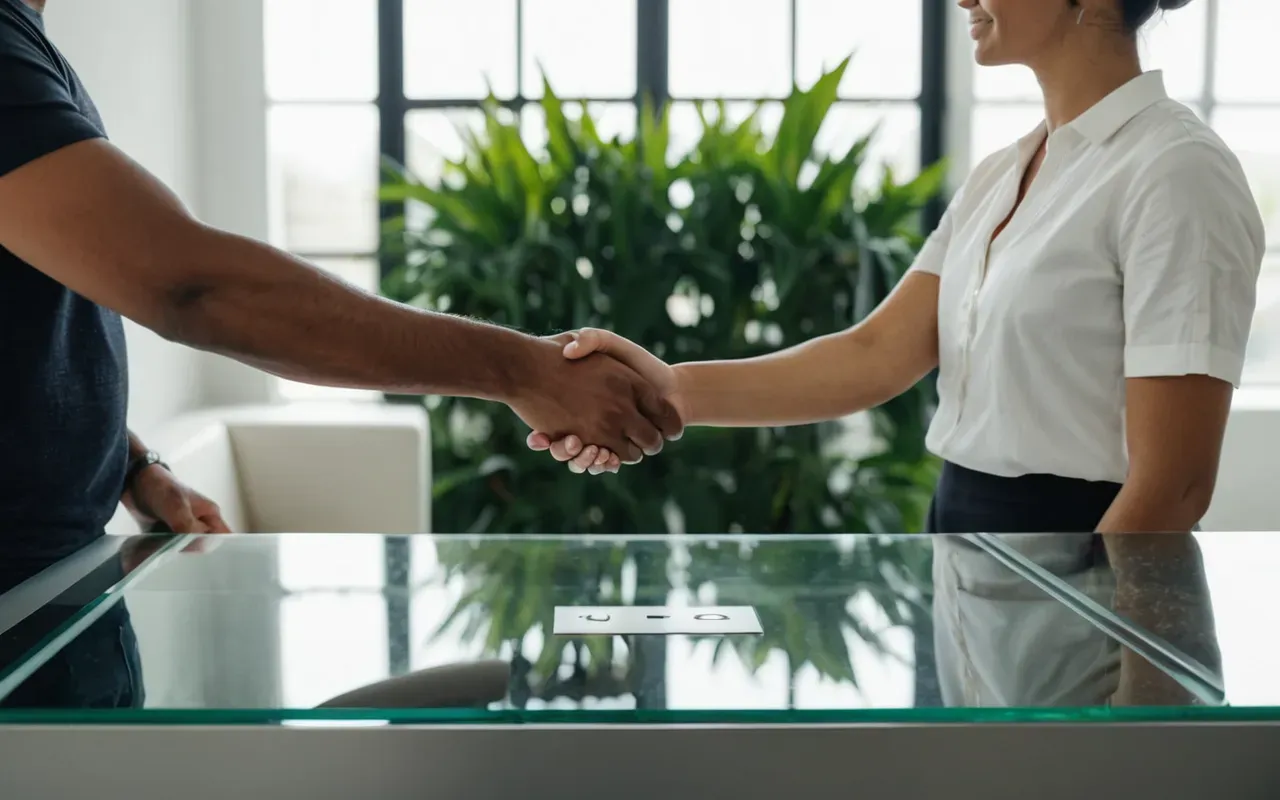 Two professionals shaking hands across a modern glass desk in a bright office with soft natural light and green plants nearby