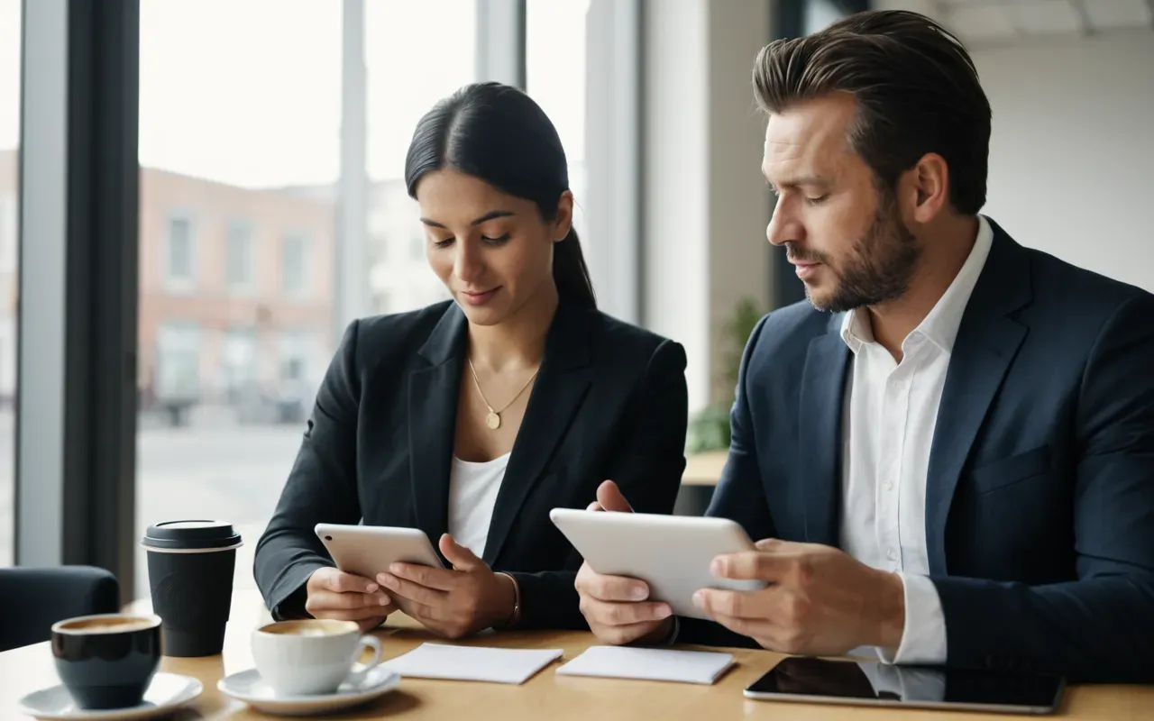 collaboration strategy Two professionals sitting in a modern bright office discussing strategies on tablets with coffee cups and warm natural lighting from large windows creating a collaborative atmosphere