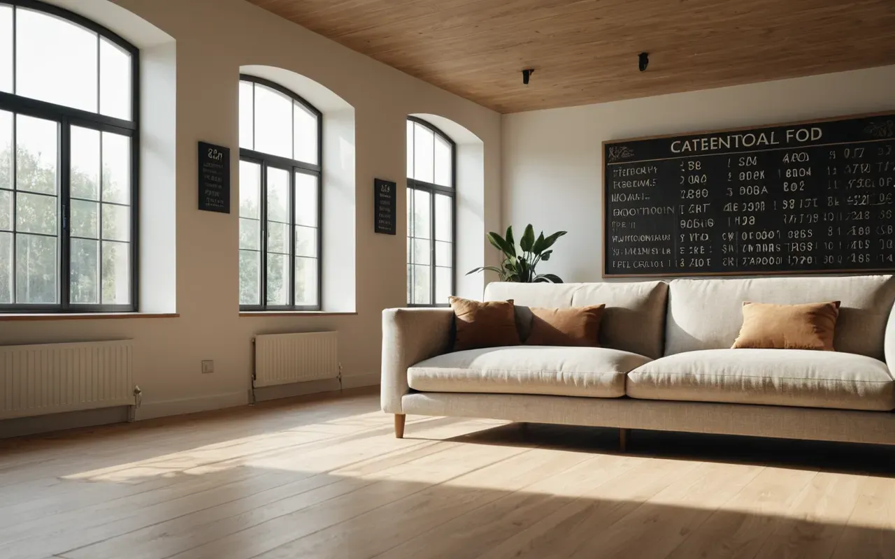 Wide angle shot of a modern minimalist living room with light oak flooring and neutral beige sofa facing large windows with soft morning sunlight streaming in.