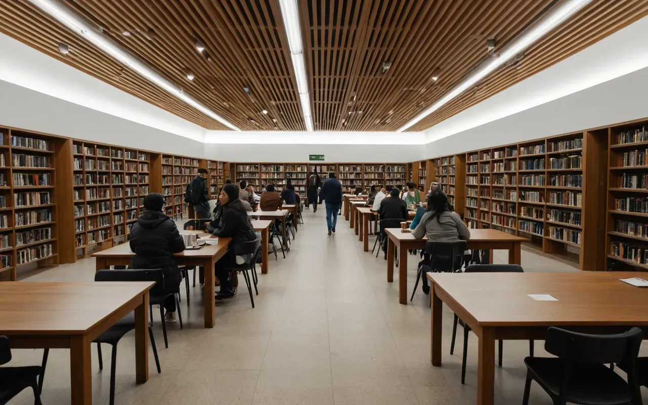 Wide angle view of a modern library interior with rows of bookshelves and people reading at wooden tables, soft diffused lighting from ceiling fixtures, calm atmosphere