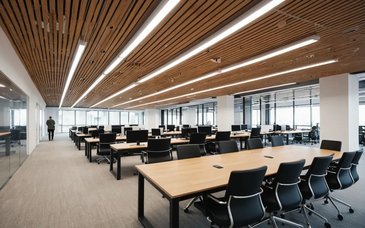 modern office environment Wide angle view of a modern open plan office with glass partitions and ergonomic chairs arranged around wooden tables under bright LED ceiling lights