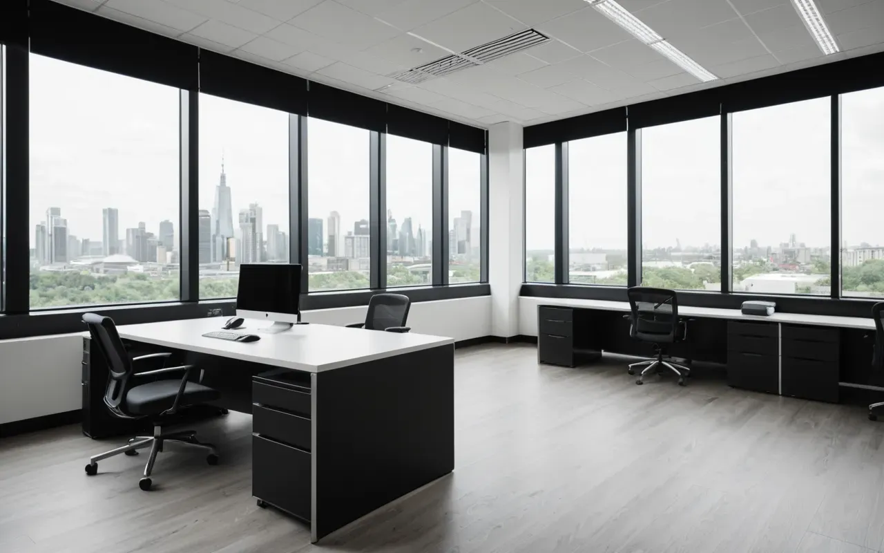 Wide editorial photograph of a modern office interior with large floor-to-ceiling windows showing a blurred cityscape outside and a clean white desk in the foreground under soft natural daylight.