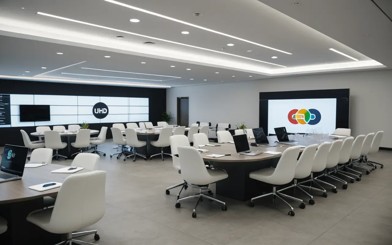 Wide shot of a modern conference room with round glass tables and white chairs where several people are engaged in discussion around laptops under bright artificial lighting.