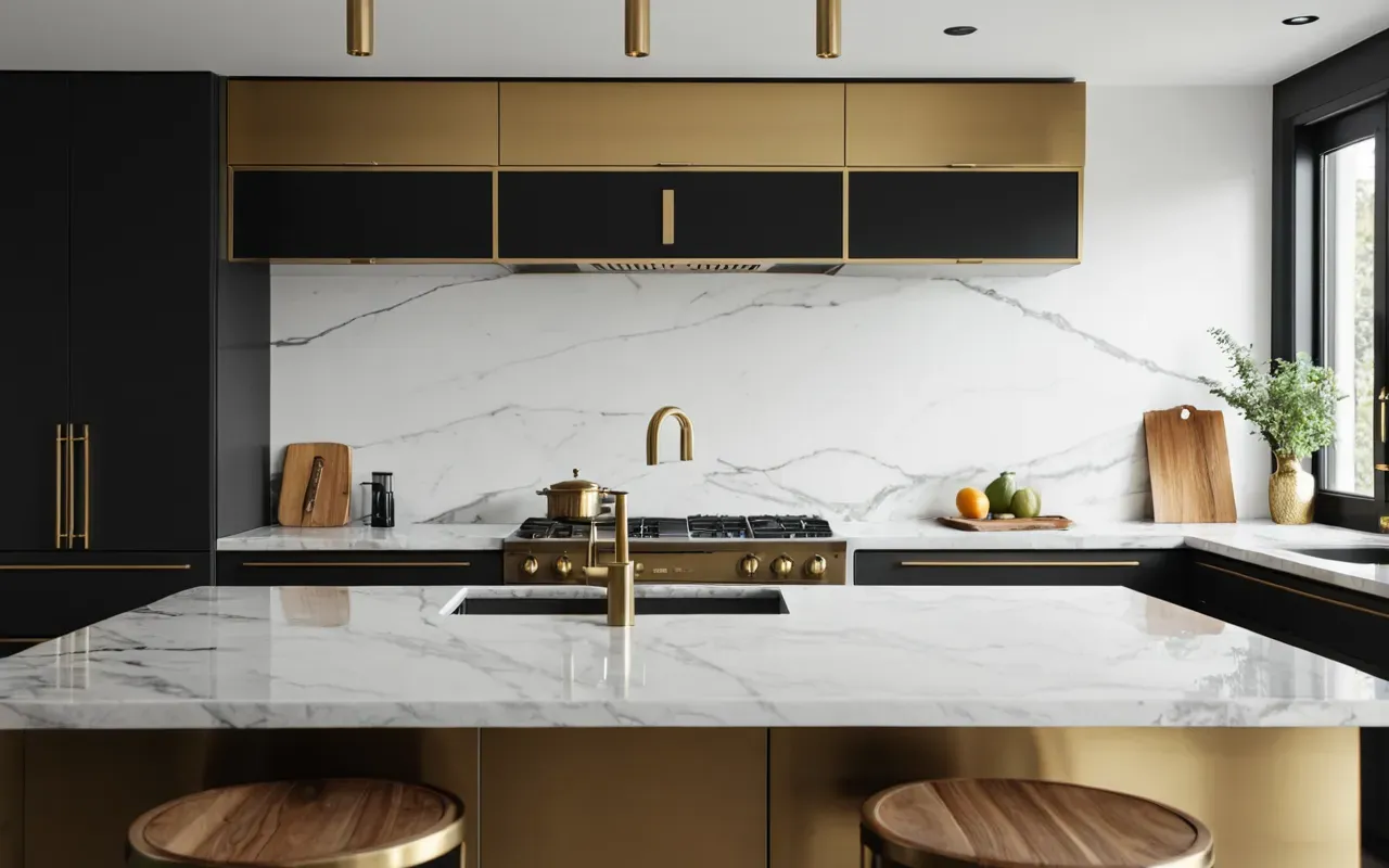 Wide shot of a modern minimalist kitchen interior with marble countertops and brushed brass fixtures under soft natural daylight creating an editorial photography style