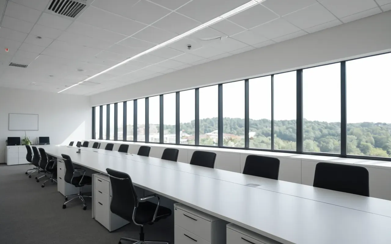 modern workspace SEO team Wide shot of a modern minimalist office interior with large glass windows allowing soft daylight to illuminate clean white desks and ergonomic chairs arranged in an open collaborative space.
