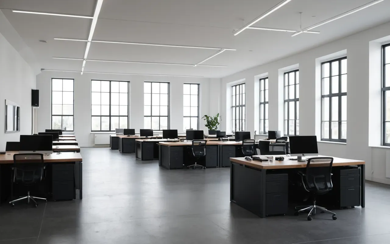 Wide shot of a modern minimalist office space with large windows and natural daylight, empty desks, clean lines, editorial photography style showing the concept of hidden structural support beneath visible surfaces.
