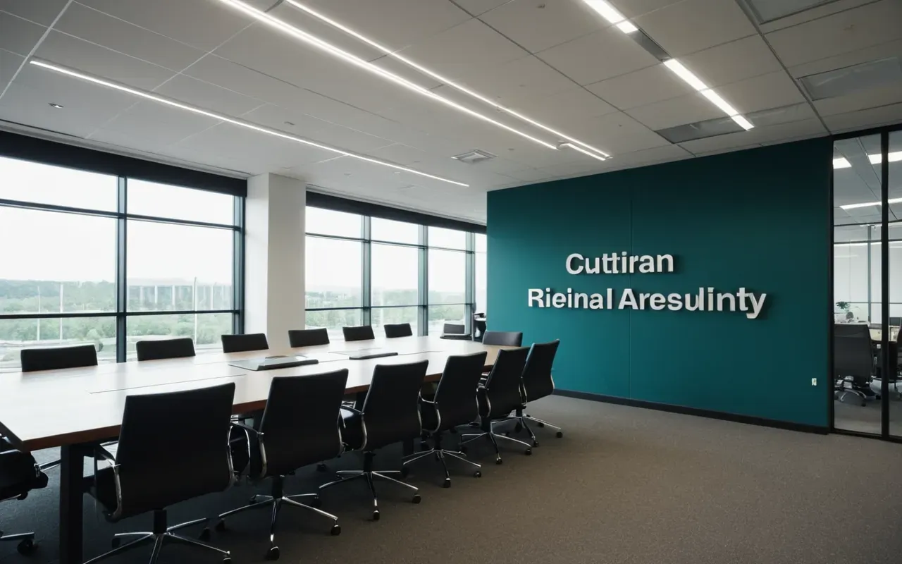 Wide shot of a modern office meeting room with glass walls and minimal furniture under bright fluorescent lighting