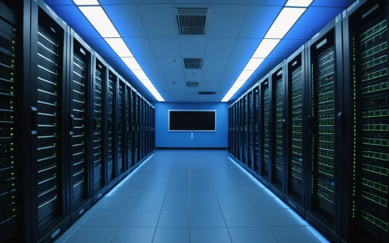 Wide shot of a modern server room with rows of blinking computer equipment, blue ambient lighting reflecting off polished floors, clean corporate technology environment