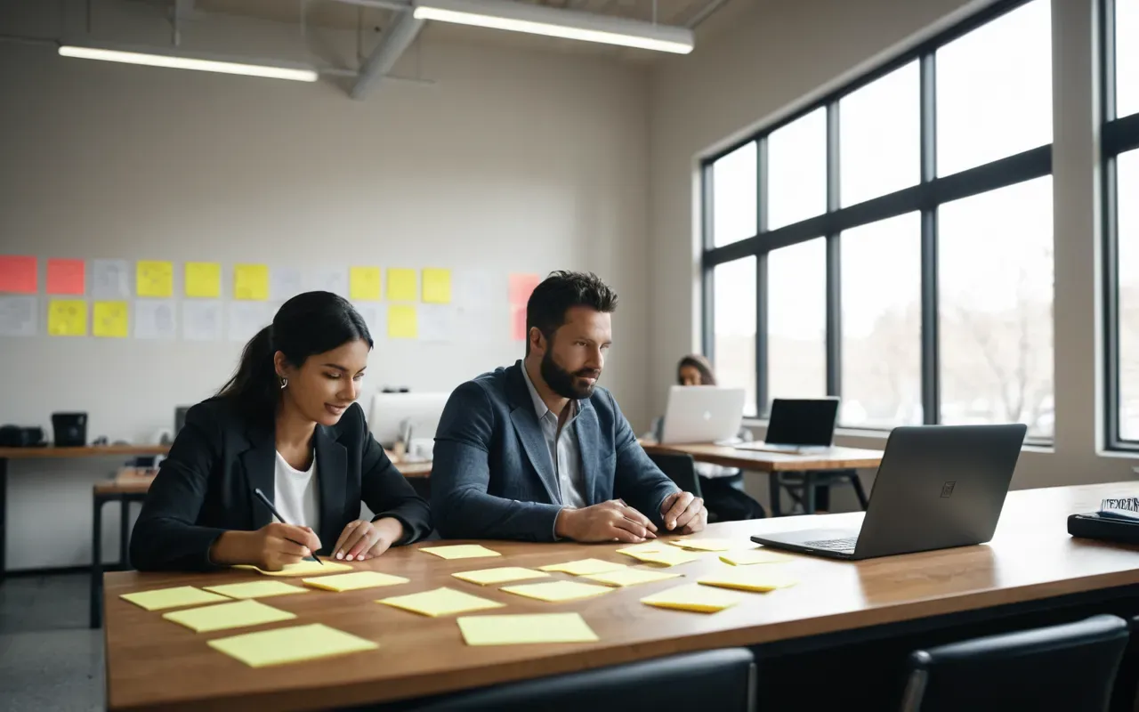 A bright office space with two people collaborating at a table surrounded by sticky notes and open laptops under natural daylight from large windows.