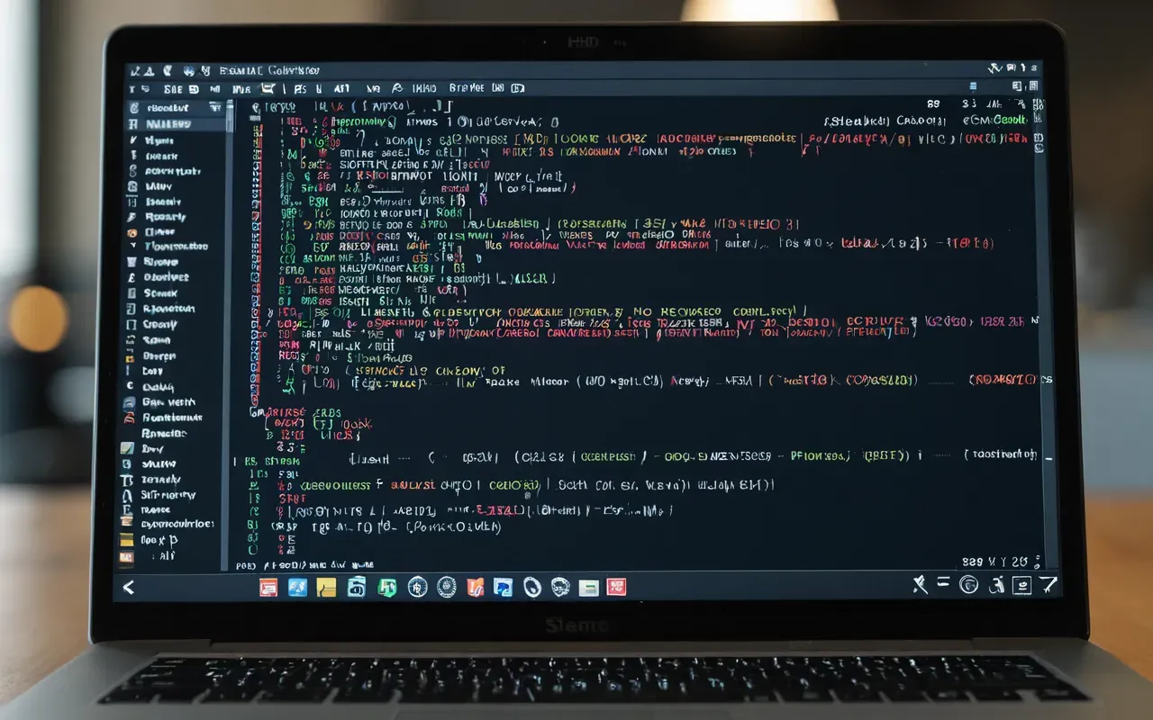 A close-up of a laptop screen displaying a complex web development code editor with lines of colorful syntax highlighting. The background is a blurred modern office space with soft natural lighting coming from a large window on the left side.